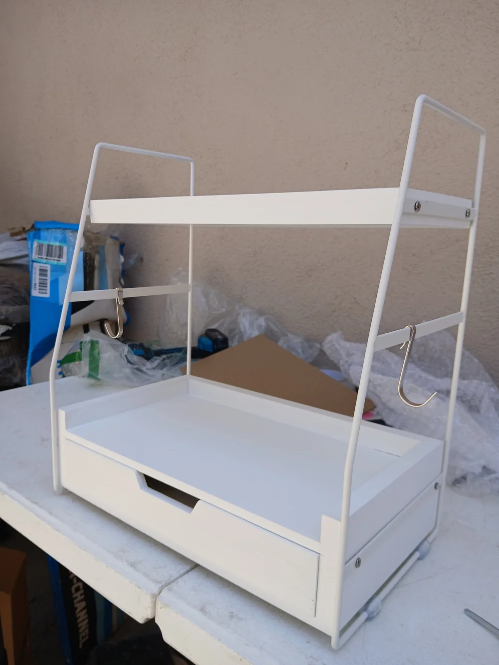 White Metal Desk Organizer with Drawer and Pen Cup